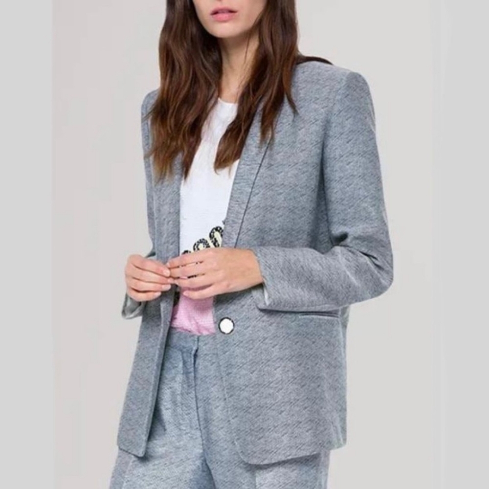 SANDRO PARIS Blue White One Button Blazer Jacket Size 4